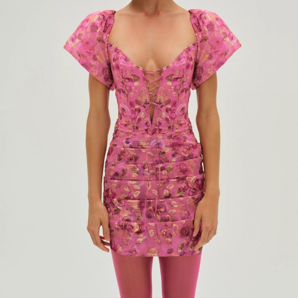 For Love & Lemons Pink Metallic Floral Mini Dress